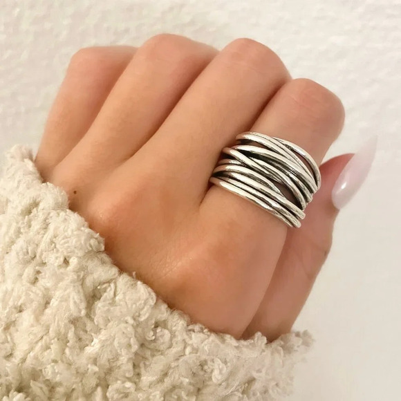 925 Sterling Silver Chunky Ring Thick Wide Ring Band Multi Layer Vintage Ring